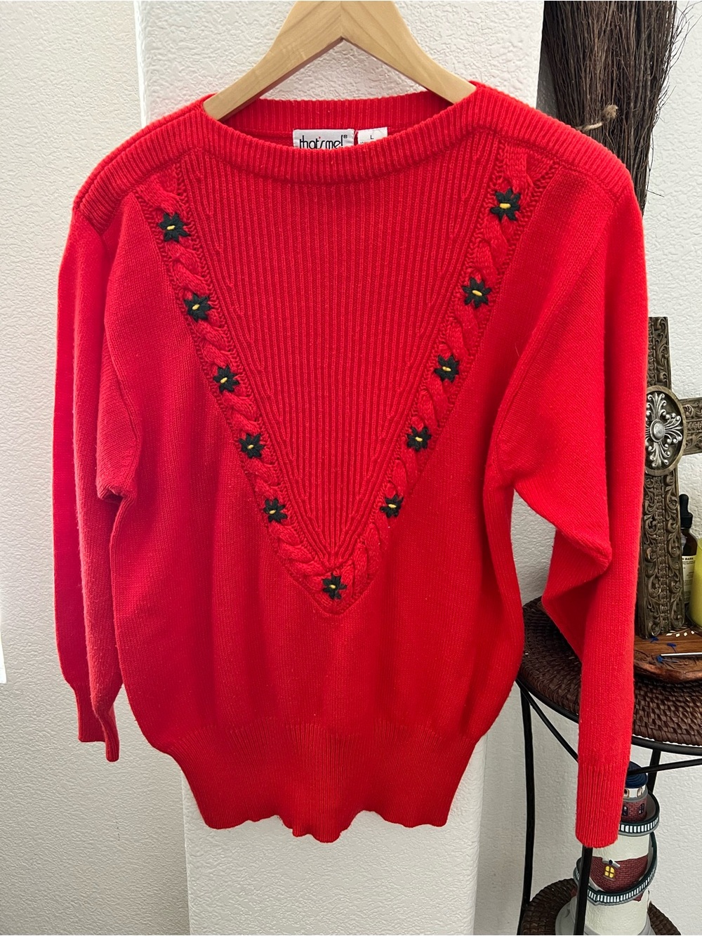 Bright Red V-Neck Cable Trim Sweater with Floral Accents